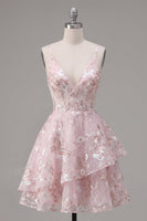 Load image into Gallery viewer, Floral V-Neck Ruffled Pink A Line Short Corset Prom Dress