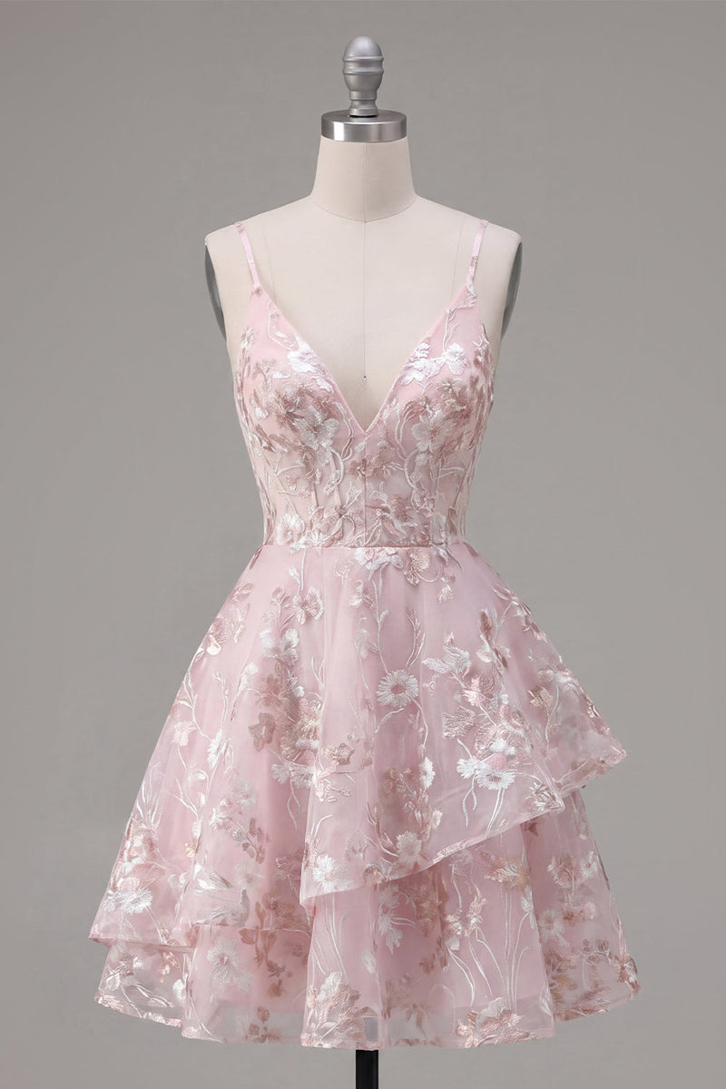 Load image into Gallery viewer, Floral V-Neck Ruffled Pink A Line Short Corset Prom Dress