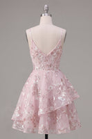 Load image into Gallery viewer, Floral V-Neck Ruffled Pink A Line Short Corset Prom Dress