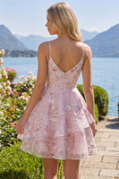 Load image into Gallery viewer, Floral V-Neck Ruffled Pink A Line Short Corset Prom Dress