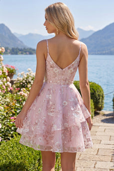 Floral V-Neck Ruffled Pink A Line Short Corset Prom Dress