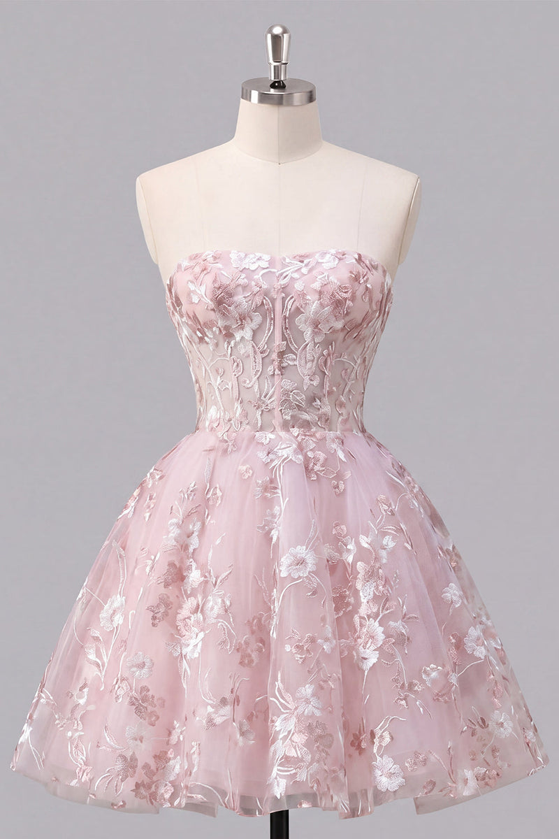 Load image into Gallery viewer, Floral Strapless Pink A Line Short Corset Prom Dress