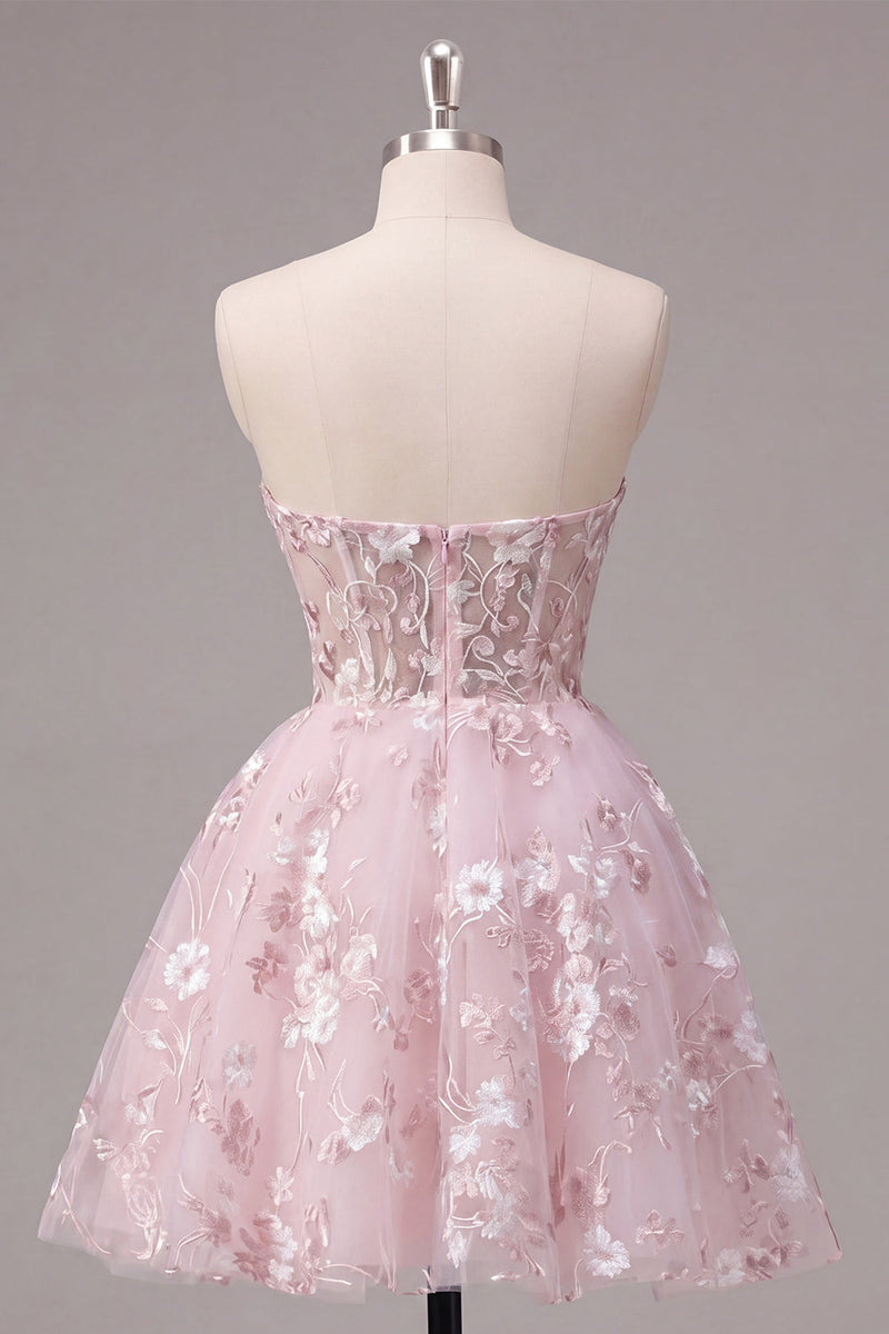 Load image into Gallery viewer, Floral Strapless Pink A Line Short Corset Prom Dress