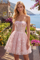 Load image into Gallery viewer, Floral Strapless Pink A Line Short Corset Prom Dress