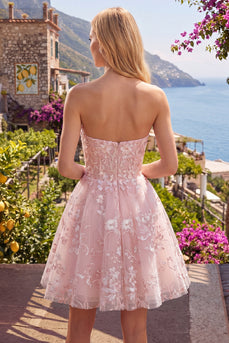 Floral Strapless Pink A Line Short Corset Prom Dress
