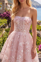 Load image into Gallery viewer, Floral Strapless Pink A Line Short Corset Prom Dress