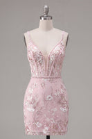 Load image into Gallery viewer, Floral V-Neck Tight Corset Pink Short Prom Dress with Beading