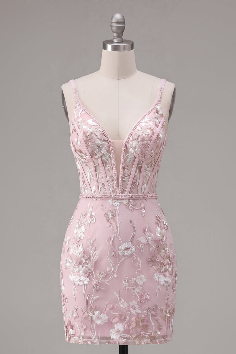 Load image into Gallery viewer, Floral V-Neck Tight Corset Pink Short Prom Dress with Beading