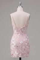 Load image into Gallery viewer, Floral V-Neck Tight Corset Pink Short Prom Dress with Beading