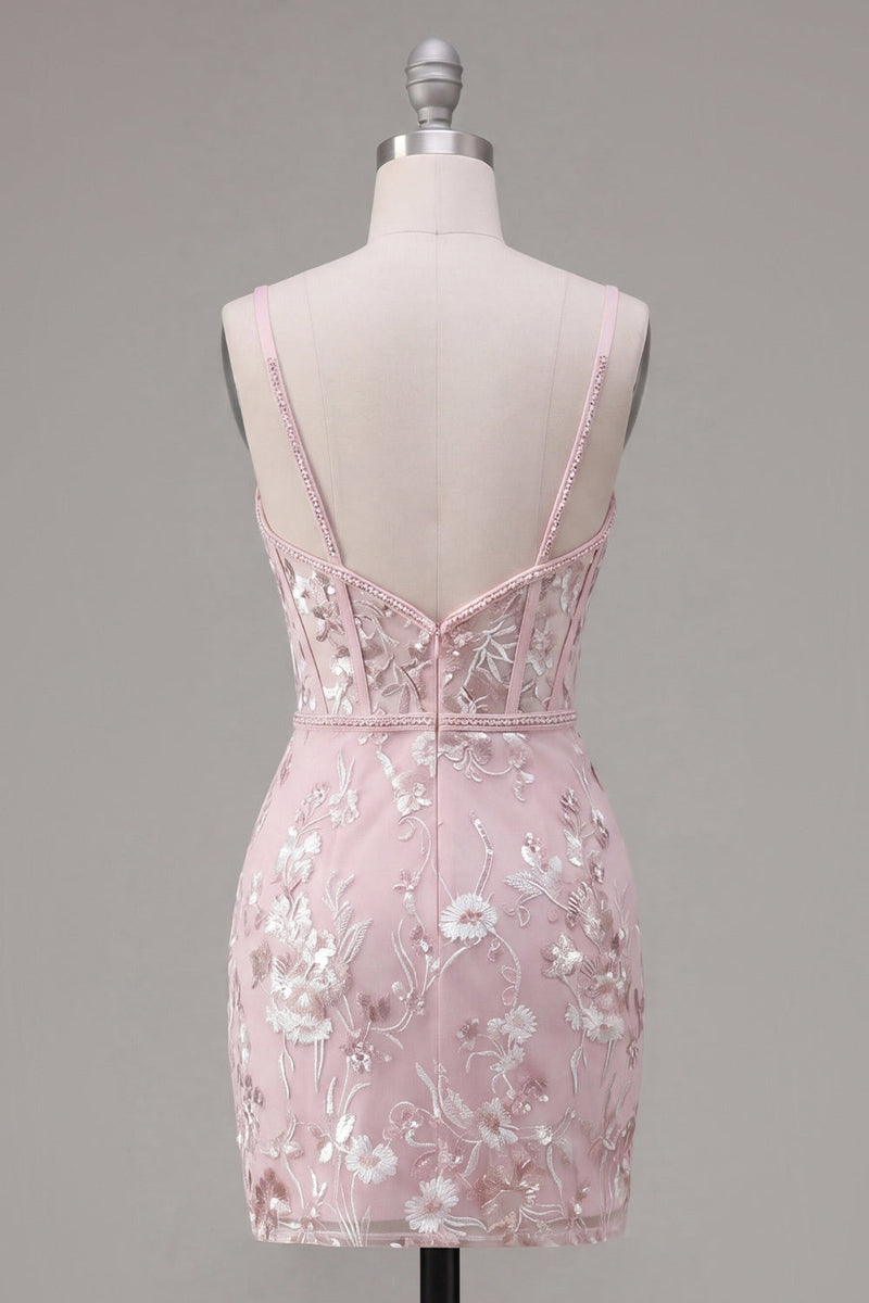 Load image into Gallery viewer, Floral V-Neck Tight Corset Pink Short Prom Dress with Beading