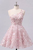 Load image into Gallery viewer, Floral One Shoulder Pink A Line Short Corset Prom Dress