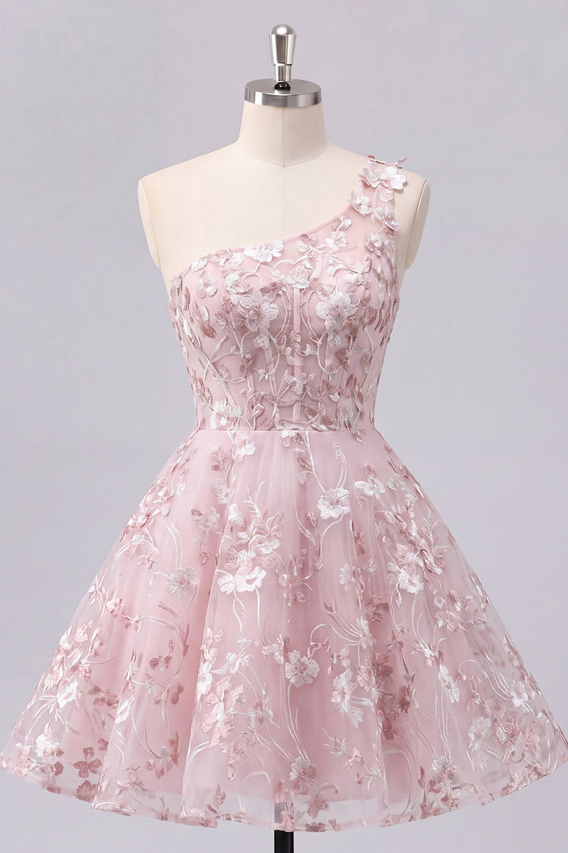 Load image into Gallery viewer, Floral One Shoulder Pink A Line Short Corset Prom Dress