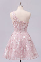 Load image into Gallery viewer, Floral One Shoulder Pink A Line Short Corset Prom Dress