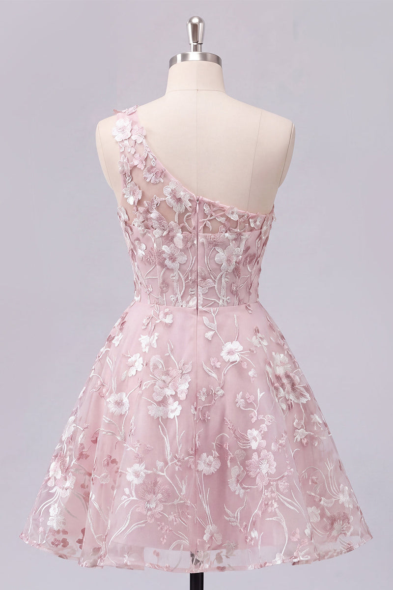 Load image into Gallery viewer, Floral One Shoulder Pink A Line Short Corset Prom Dress