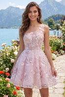 Load image into Gallery viewer, Floral One Shoulder Pink A Line Short Corset Prom Dress