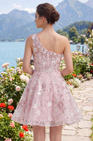 Load image into Gallery viewer, Floral One Shoulder Pink A Line Short Corset Prom Dress