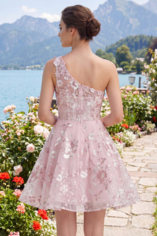 Floral One Shoulder Pink A Line Short Corset Prom Dress
