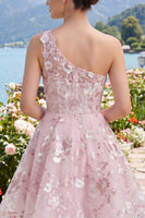 Load image into Gallery viewer, Floral One Shoulder Pink A Line Short Corset Prom Dress