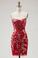Load image into Gallery viewer, Sparkly Red Strapless Tight Short Beaded Ruched Floral Prom Dress