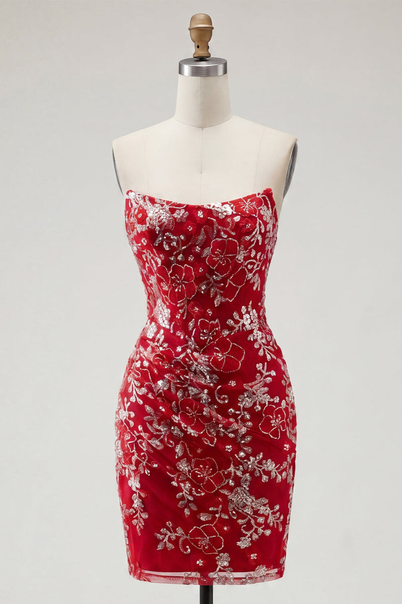 Load image into Gallery viewer, Sparkly Red Strapless Tight Short Beaded Ruched Floral Prom Dress