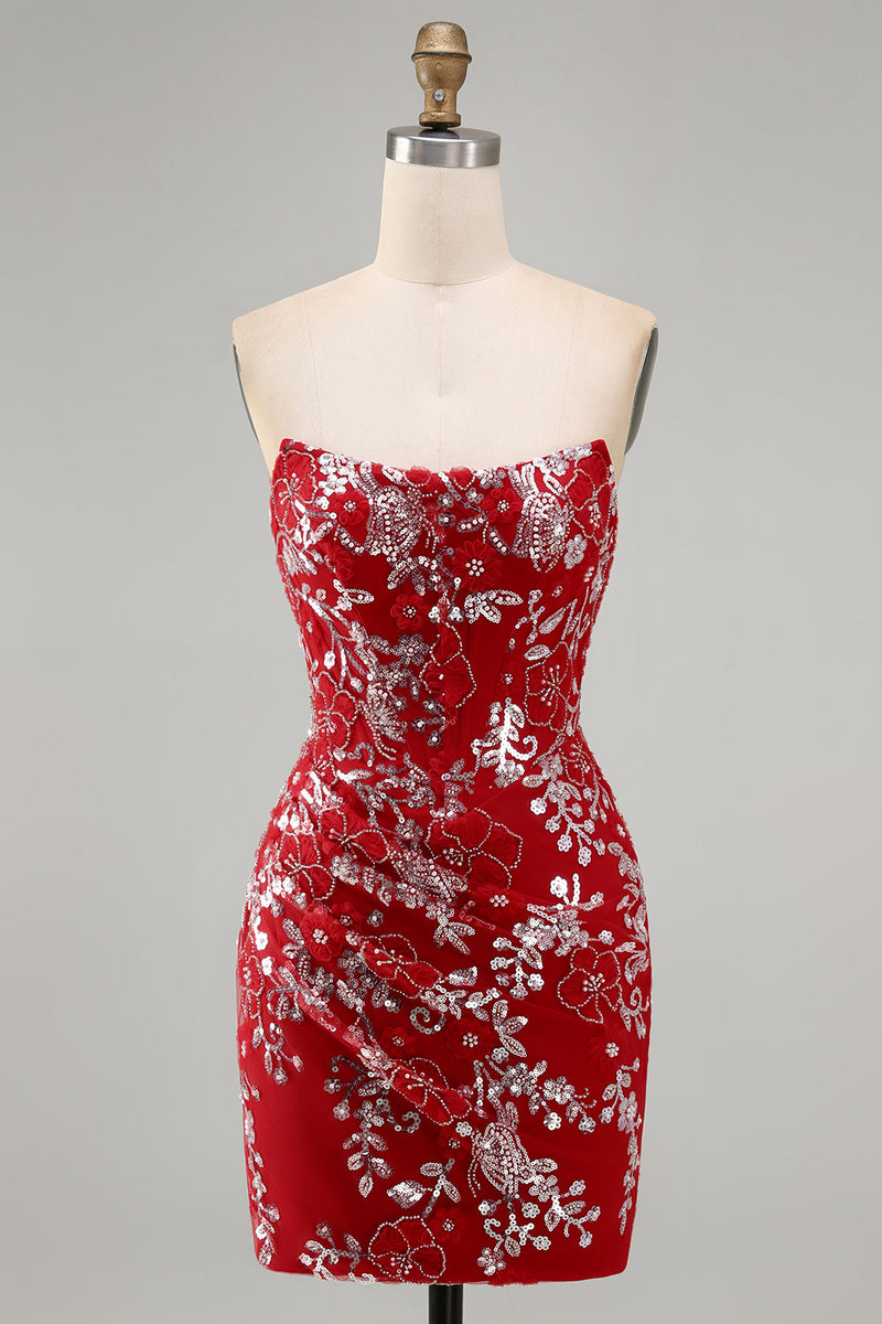 Load image into Gallery viewer, Sparkly Red Strapless Tight Short Beaded Ruched Floral Prom Dress