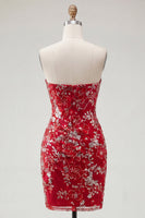 Load image into Gallery viewer, Sparkly Red Strapless Tight Short Beaded Ruched Floral Prom Dress