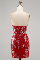 Load image into Gallery viewer, Sparkly Red Strapless Tight Short Beaded Ruched Floral Prom Dress