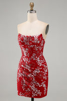 Load image into Gallery viewer, Sparkly Red Strapless Tight Short Beaded Ruched Floral Prom Dress