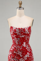 Load image into Gallery viewer, Sparkly Red Strapless Tight Short Beaded Ruched Floral Prom Dress