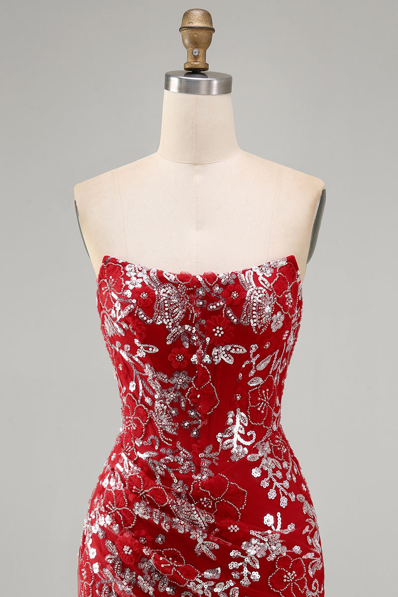 Load image into Gallery viewer, Sparkly Red Strapless Tight Short Beaded Ruched Floral Prom Dress