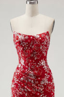 Load image into Gallery viewer, Sparkly Red Strapless Tight Short Beaded Ruched Floral Prom Dress