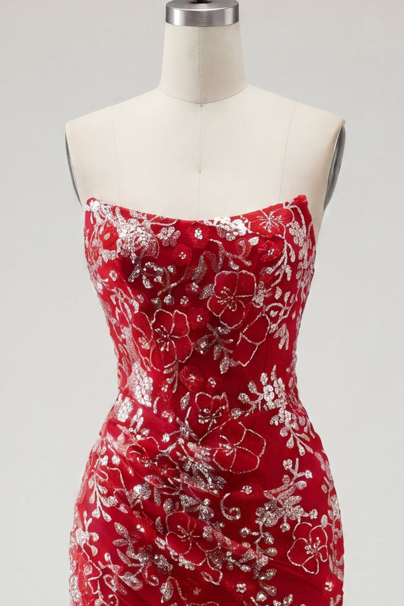 Load image into Gallery viewer, Sparkly Red Strapless Tight Short Beaded Ruched Floral Prom Dress