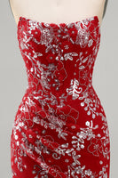 Load image into Gallery viewer, Sparkly Red Strapless Tight Short Beaded Ruched Floral Prom Dress