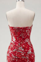 Load image into Gallery viewer, Sparkly Red Strapless Tight Short Beaded Ruched Floral Prom Dress