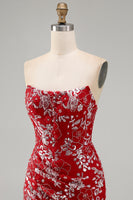 Load image into Gallery viewer, Sparkly Red Strapless Tight Short Beaded Ruched Floral Prom Dress