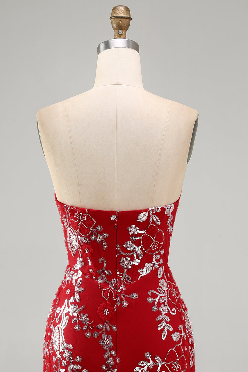 Load image into Gallery viewer, Sparkly Red Strapless Tight Short Beaded Ruched Floral Prom Dress