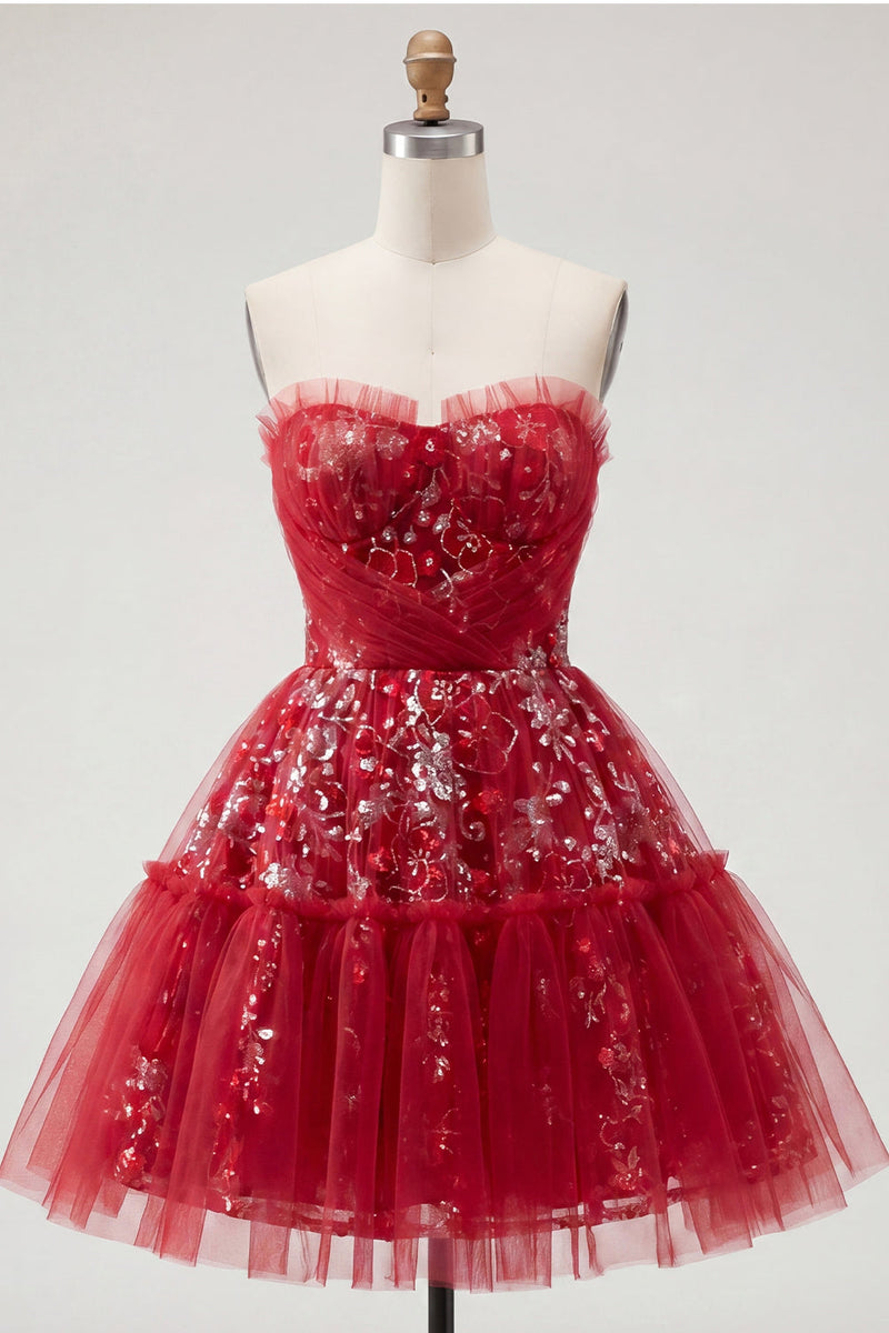 Load image into Gallery viewer, A Line Sparkly Floral Red Short Ruched Beaded Prom Dress with Ruffles
