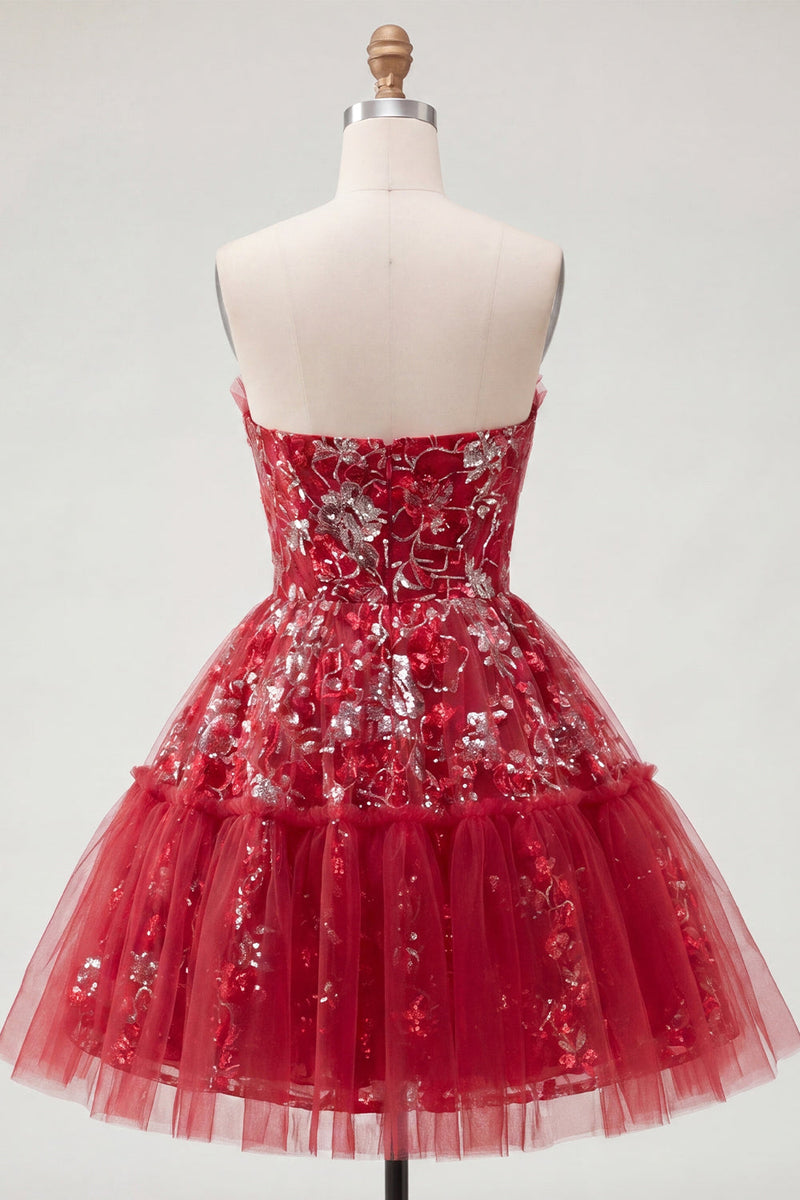 Load image into Gallery viewer, A Line Sparkly Floral Red Short Ruched Beaded Prom Dress with Ruffles