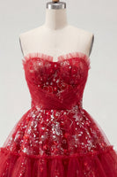Load image into Gallery viewer, A Line Sparkly Floral Red Short Ruched Beaded Prom Dress with Ruffles