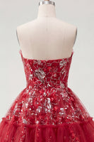 Load image into Gallery viewer, A Line Sparkly Floral Red Short Ruched Beaded Prom Dress with Ruffles