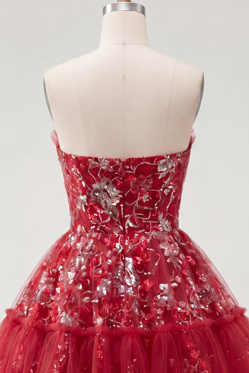 Load image into Gallery viewer, A Line Sparkly Floral Red Short Ruched Beaded Prom Dress with Ruffles