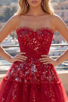 Load image into Gallery viewer, A Line Sparkly Floral Red Short Ruched Beaded Prom Dress with Ruffles