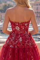 Load image into Gallery viewer, A Line Sparkly Floral Red Short Ruched Beaded Prom Dress with Ruffles