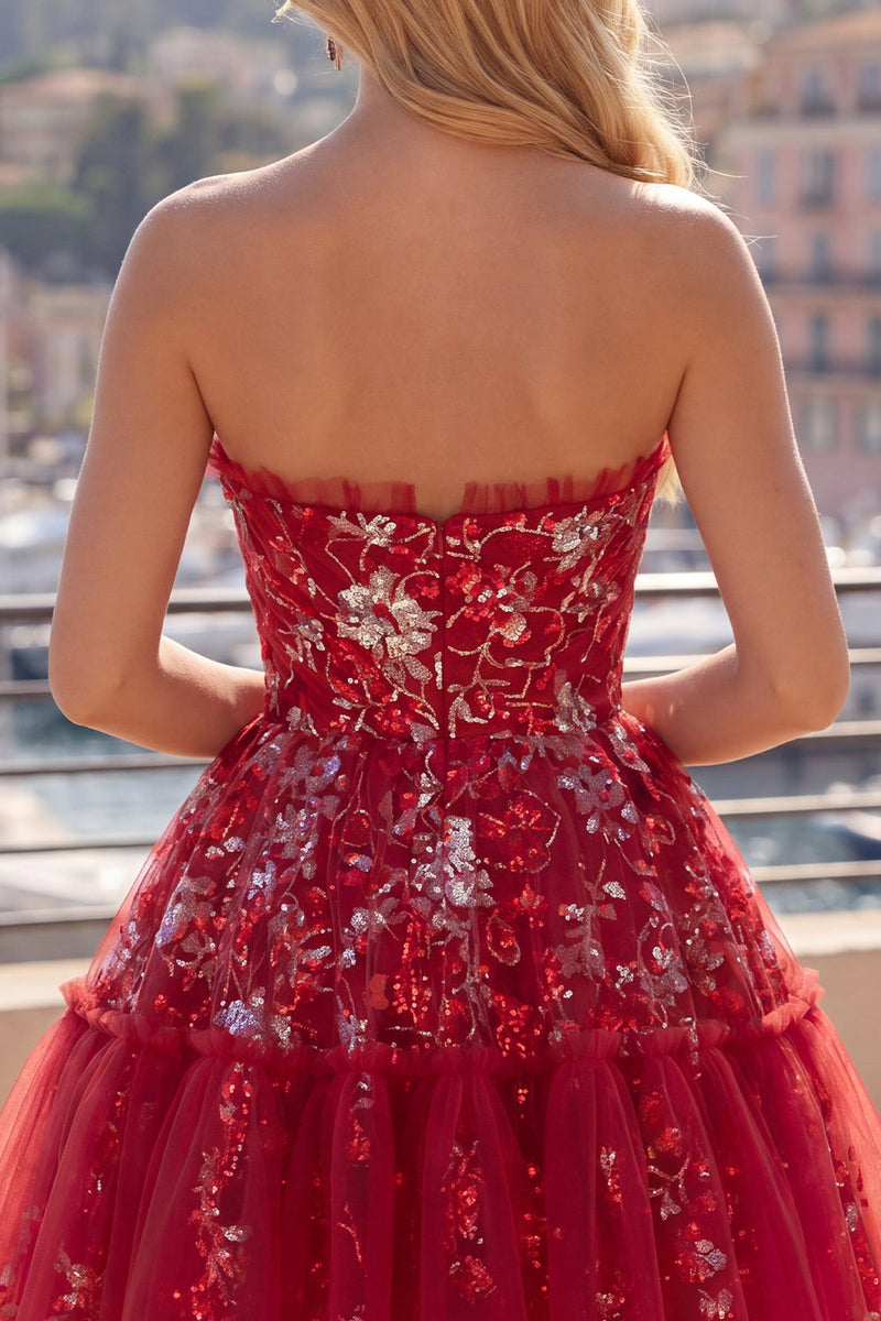 Load image into Gallery viewer, A Line Sparkly Floral Red Short Ruched Beaded Prom Dress with Ruffles