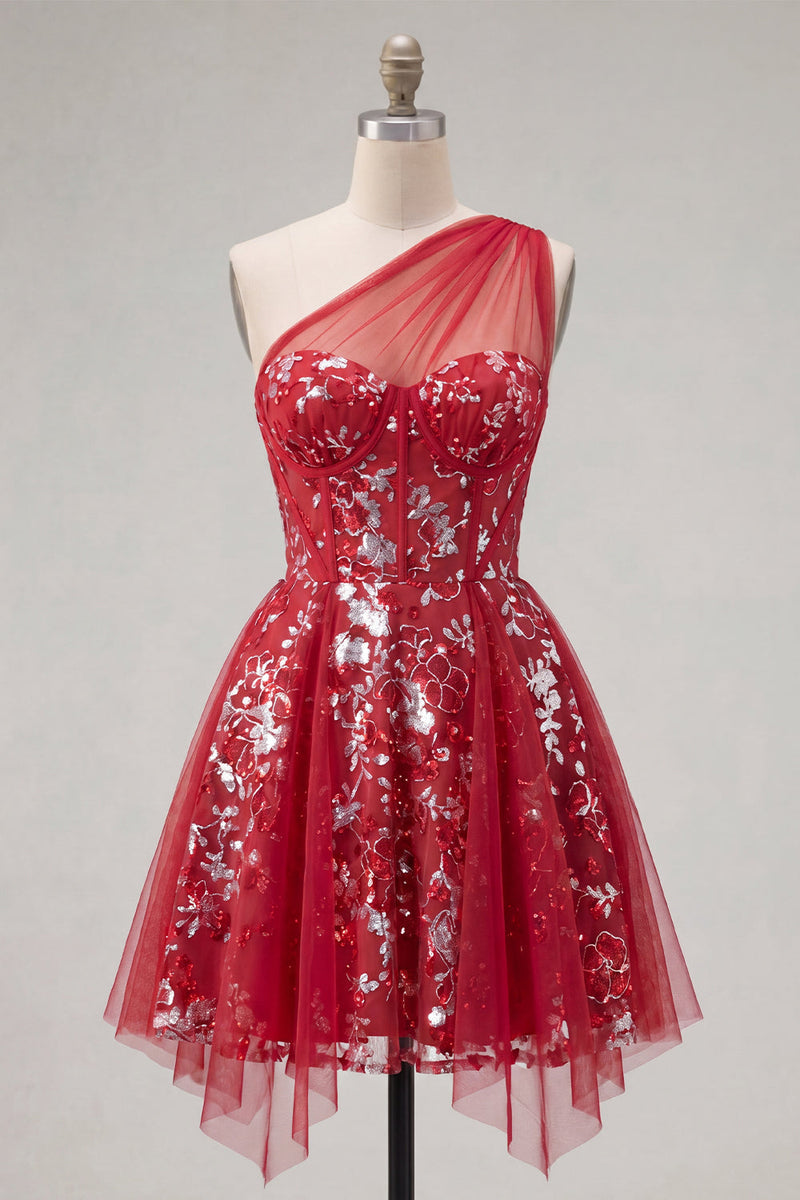Load image into Gallery viewer, Sparkly Floral Corset A Line Red Beaded Short Prom Dress with Ruffles