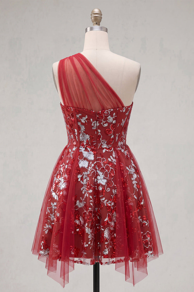 Load image into Gallery viewer, Sparkly Floral Corset A Line Red Beaded Short Prom Dress with Ruffles