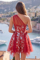 Load image into Gallery viewer, Sparkly Floral Corset A Line Red Beaded Short Prom Dress with Ruffles