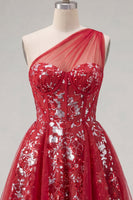 Load image into Gallery viewer, Sparkly Floral Corset A Line Red Beaded Short Prom Dress with Ruffles