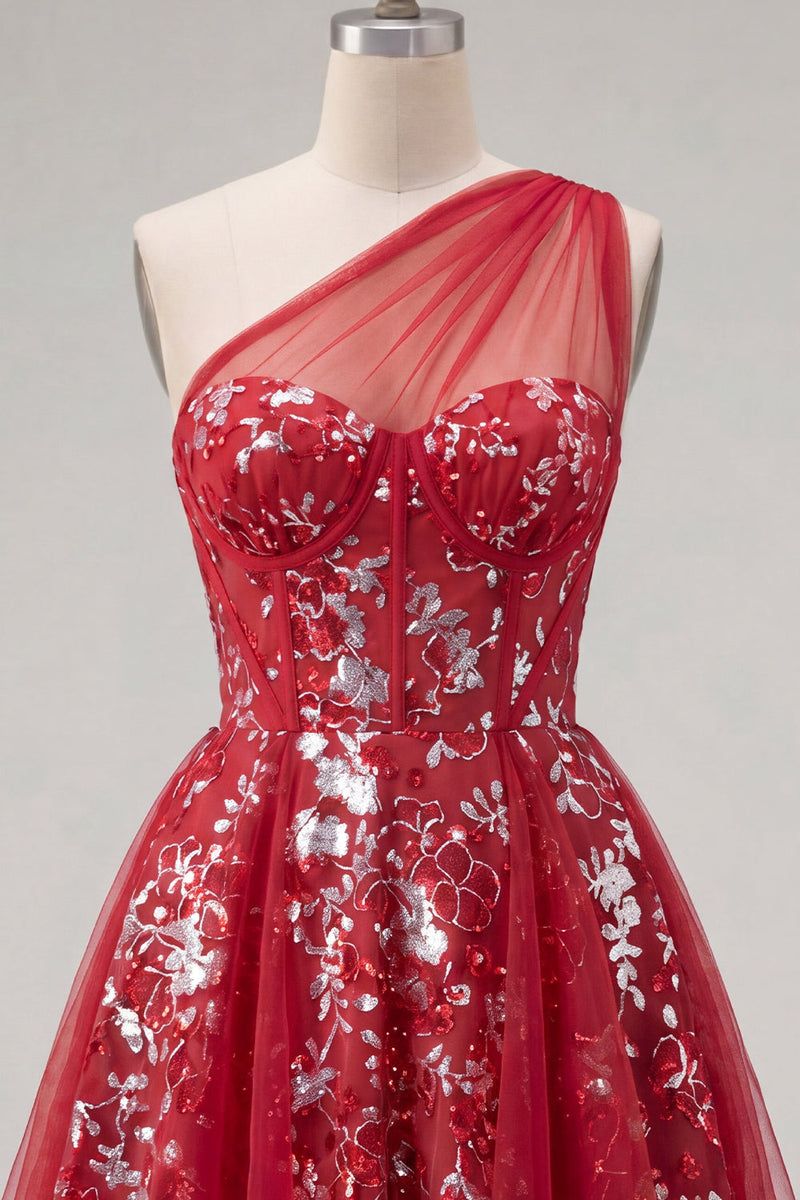 Load image into Gallery viewer, Sparkly Floral Corset A Line Red Beaded Short Prom Dress with Ruffles