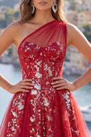 Load image into Gallery viewer, Sparkly Floral Corset A Line Red Beaded Short Prom Dress with Ruffles